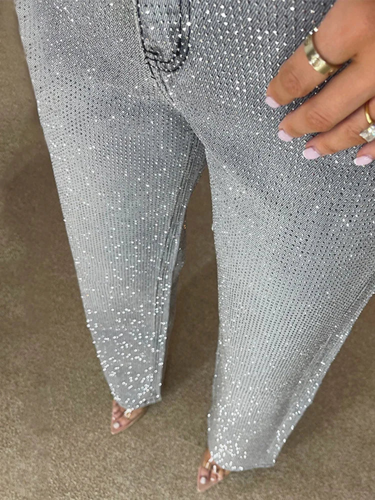 Eliana Wide Leg Denim Pants with Rhinestones - Image 4